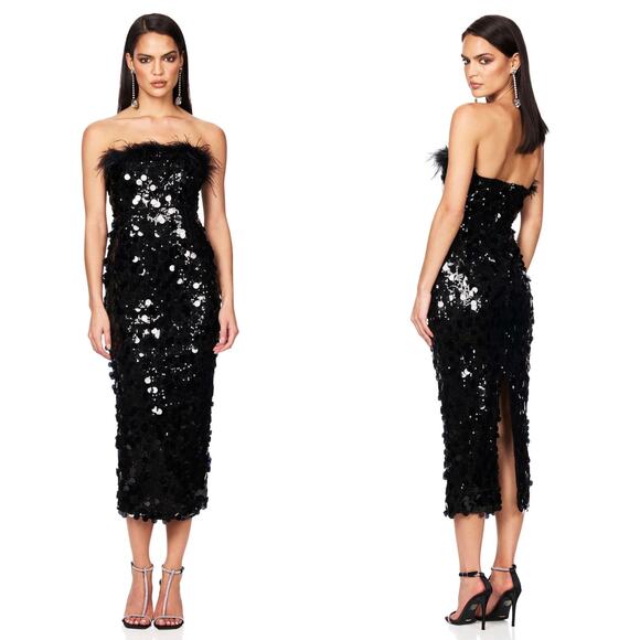 NWT Nookie Electra Feather Sequin Strapless Midi in Black Size Small